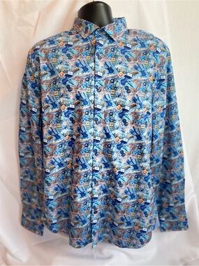 A Fish Named Fred Men L Rock N Roll Guitar Vinyl Graphic Button Up Flip Cuff EUC